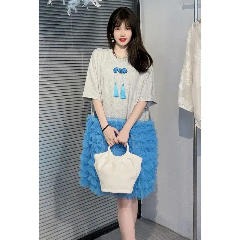 Chic Donna Maglia Impiombato Volant T-shirt Abito Garza Patchwork Pieghettato Gonna Torta Medio Lungo Magliette Manica Corta Top Vestido 2025