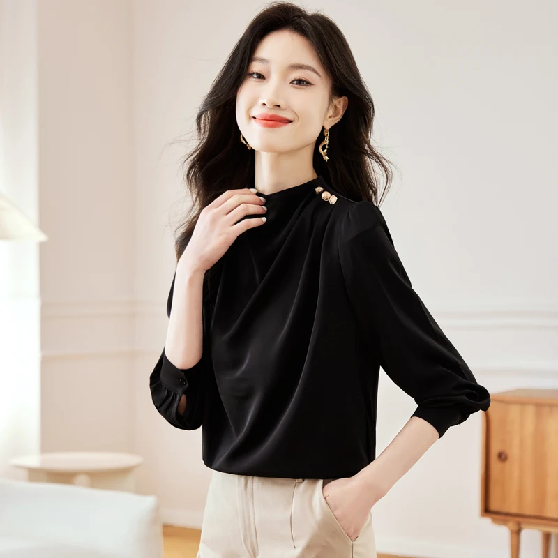 Fashion Long Sleeve Blouse Women Stand Collar White Chiffon Blouse Shirt Women Tops Blouses Blusas Mujer De Moda 2024 Blusa H86