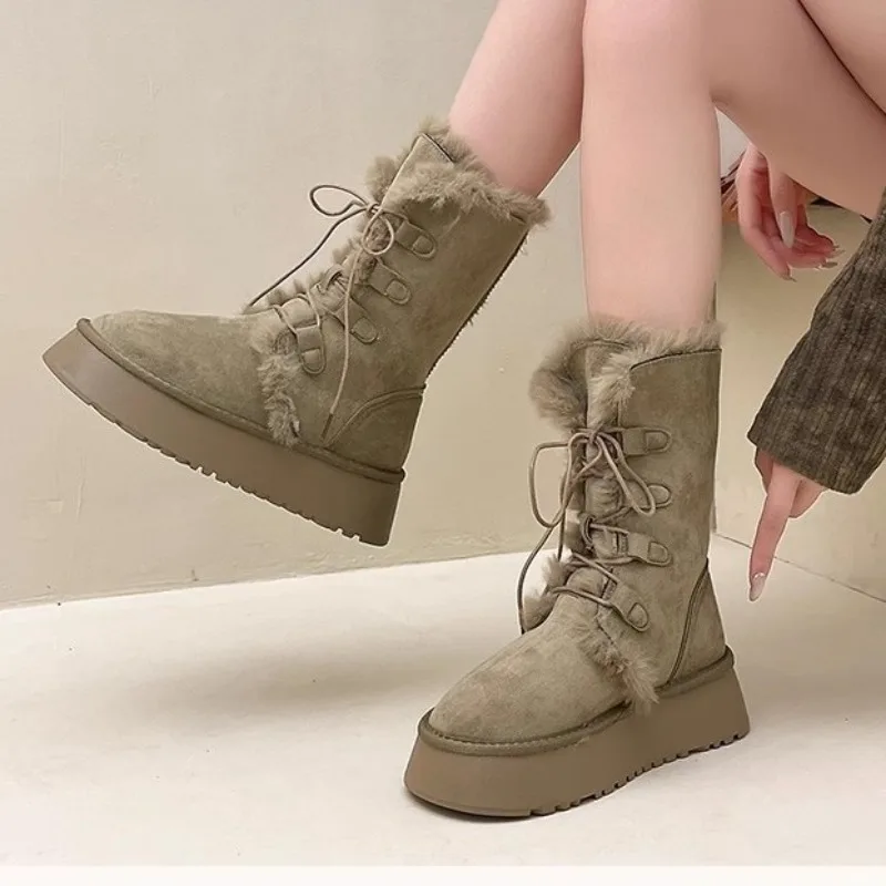

Snow Boots Women Autumn Winter Shoes New Thick Bottom Furry Warm Padded Short Boots Lace Up Solid Casual Plush Ankle Botas