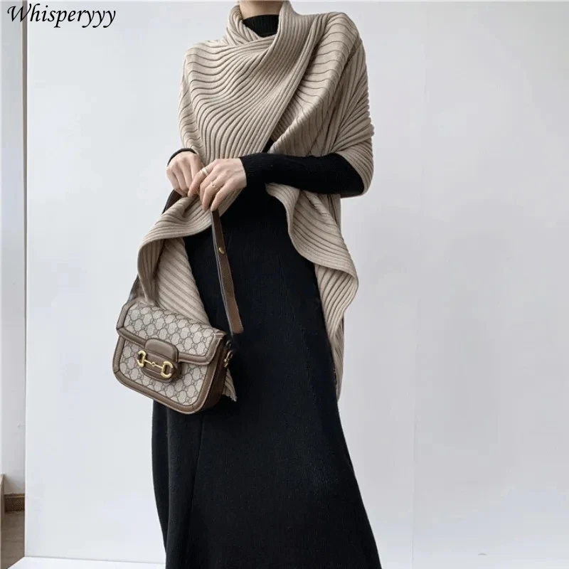 Knitting Shawl Cape Women Irregular Spring Autumn High-endt Korean Solid Color Poncho Femme Fashio Knitted Scarf Sweater Coat