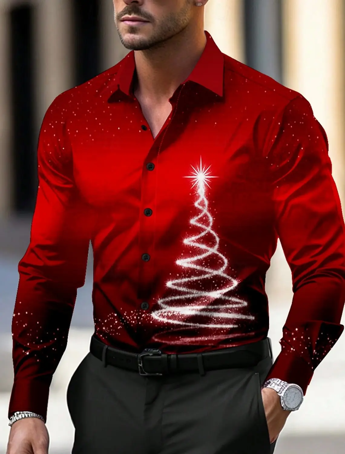 

Mens Christmas Theme Mens Christmas Tree Printed Shirt Snowflake Gradient Pattern Button Long Sleeve Shirt Fashion CasualTop2024