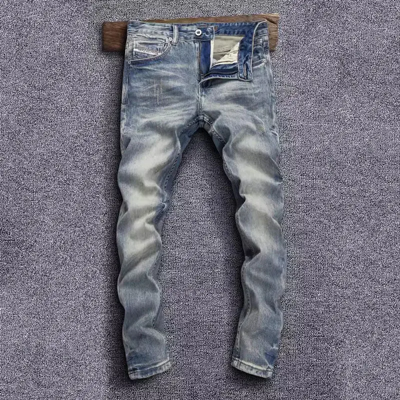 

Newly Fashion Designer Men Jeans Retro Washed Blue Stretch Slim Fit Ripped Jeans Men High Quality Vintage Denim Pants Hombre