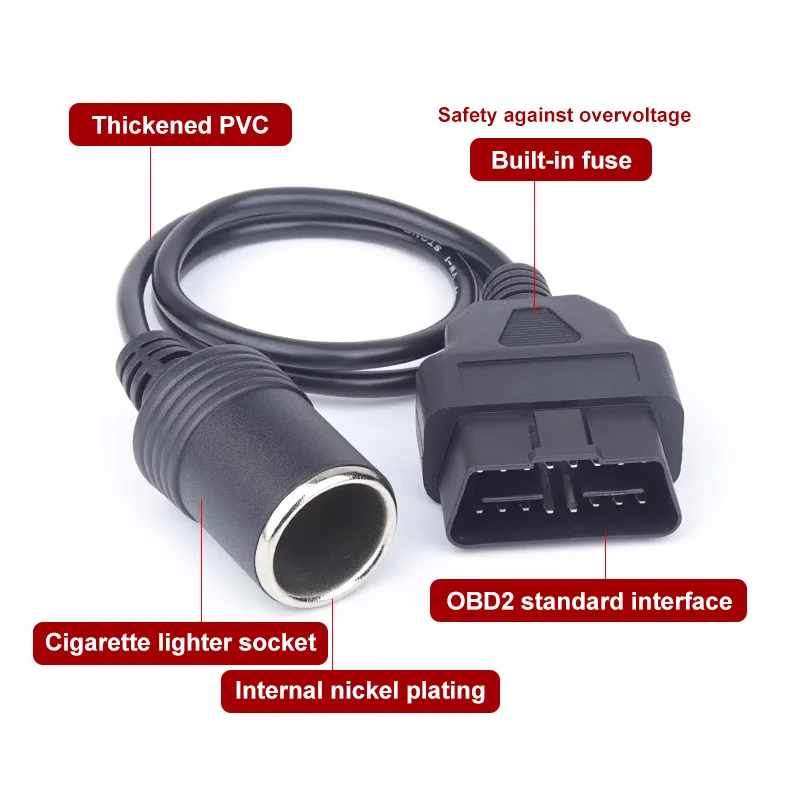 OBD2 Car Cigarette Lighter with Independent Control Switch OBDII 1 to 2 Male to Female Automotive Equipment Power Supply Line