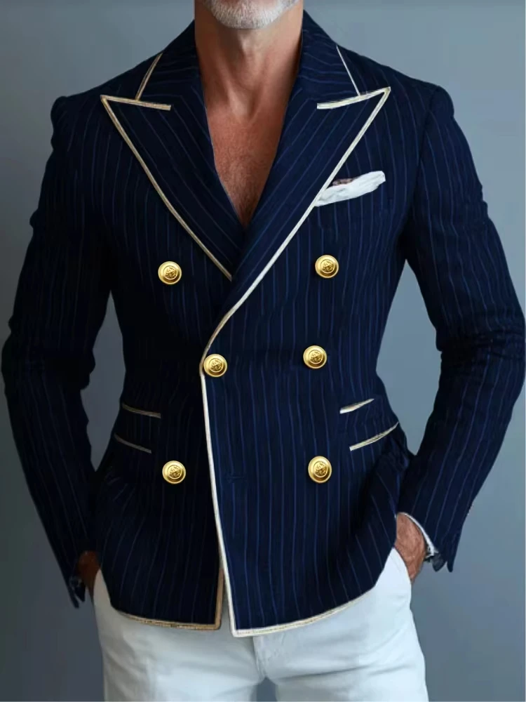 Blazers ajustados a rayas de gama alta para hombre, chaqueta de novio con solapa en pico de negocios, esmoquin Formal para graduación, trajes elegantes con doble botonadura para hombre