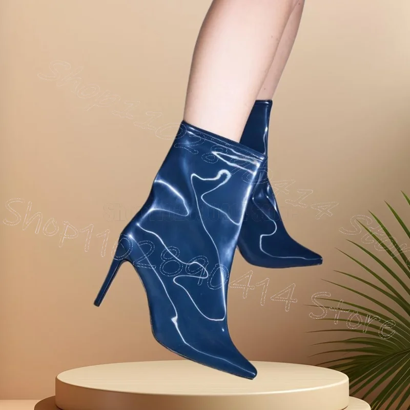 

Navy Blue Patent Leather Pointed Toe Boots Slip On Women Shoes Thin High Heels New Party Banquet Dating 2026 Zapatos Para Mujere