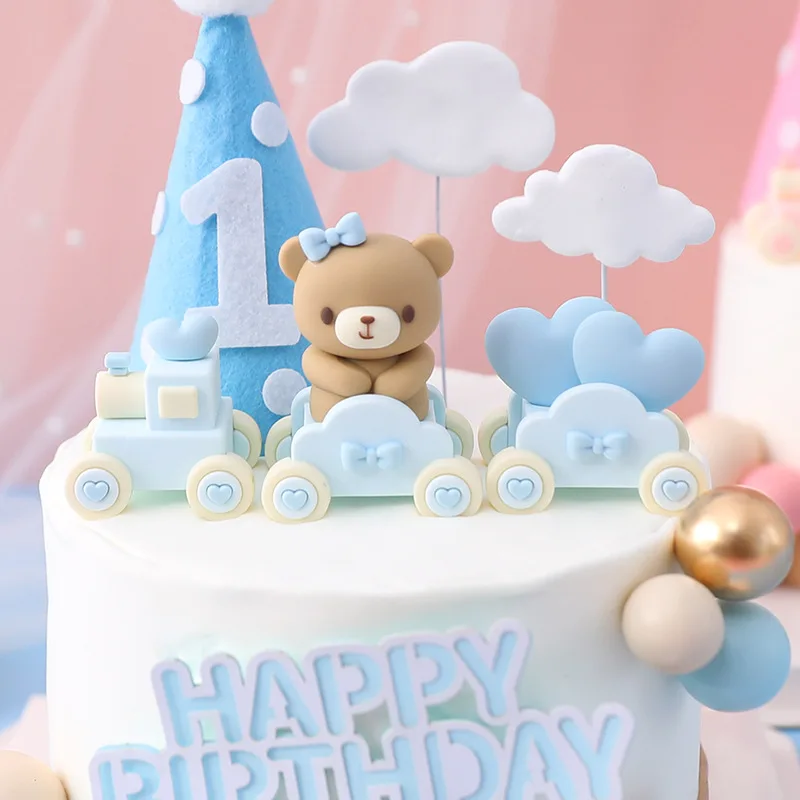 New 3D Pink Blue Bear Cake Topper Cute Mini Bear Doll Cake Decoration Boy Girl Birthday Party Gender Reveal Baby Shower Supplies image 3