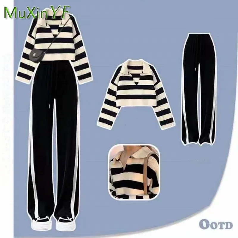 Women\'s Spring Autumn Sportswear Set 2023 New Fashion V-neck Striped Knit Shirt+Wide Leg Pants Two Piece Korean Chic Tracksuit