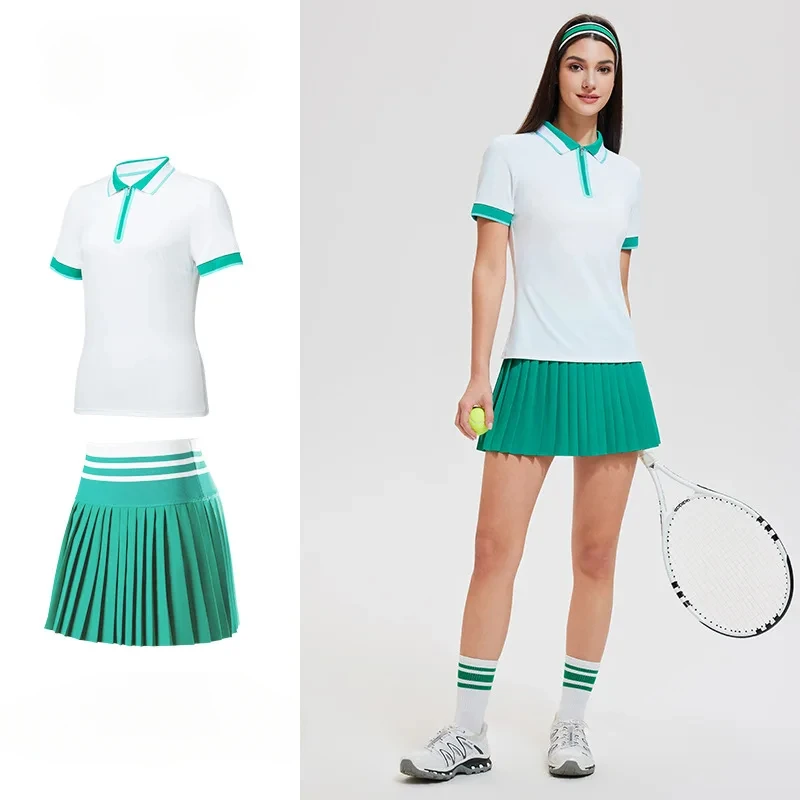 

HELLOMARCEL EU US Size Top Quality Summer Sports Suit Top Women's Golf Shirt Slimming Breathable Fitness Tennis Tops Skirt Set