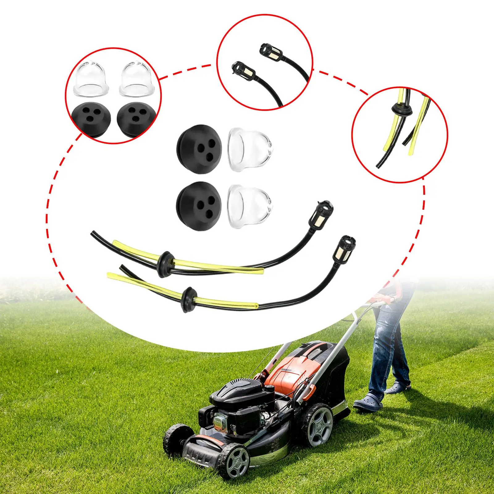 6 x Rasentrimmer-Kraftstoffrohr mit 2 Tank-Dichtungstüllen, 22 cm, flexibler Rasenmäher, universelles Benzinfilter-Set für Rasenmäher, Rasentrimmer