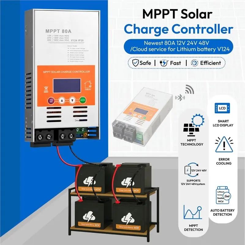 X12A-V124 80A MPPT Solar Charge Controller With Wifi Function, 12V/24V/48V Auto, For Lithium, Lifepo4, AGM Batteries