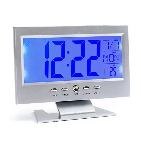Réveil LCD rétro4.2 avec commande vocale, moniteur météo, calendrier avec minuterie, capteur de son, décor de température, horloge de table de bureau