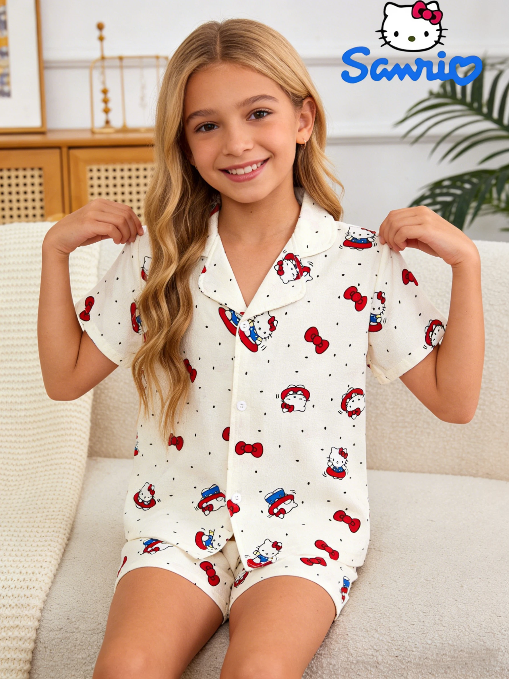 Sanrio Girls' Pajama Home Dress Set, Hello Kitty Summer Button Short Sleeve Top and Shorts, suitable for home, pajama party wear
