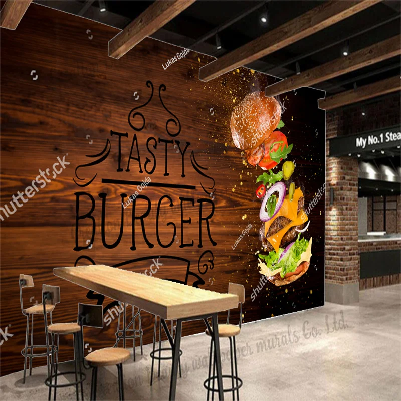 Wood Burger Wall Paper Industrial Decor Mural Papel De Parede Fast-food Restaurant Snack Bar Background Wallpaper Papel Tapiz