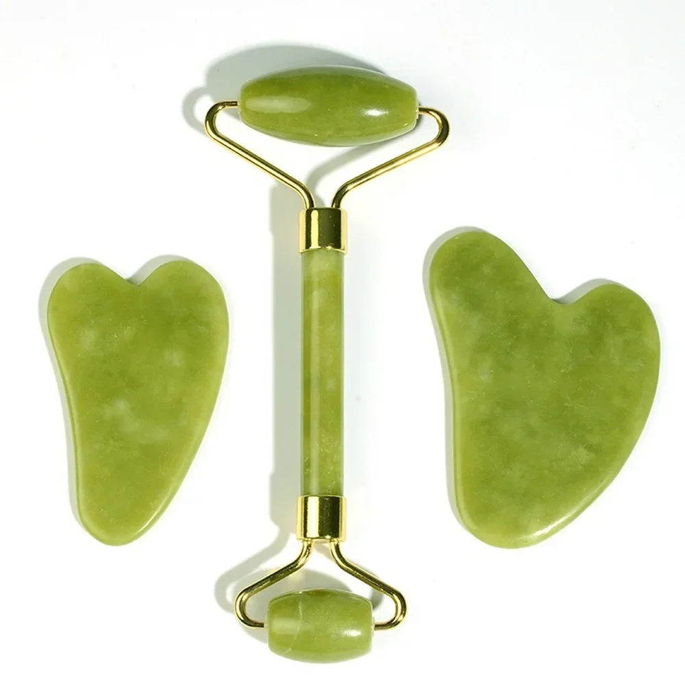 Serpentine Jade Roller Massager Gua Sha Board Set Jade Face Beauty Device Green Jade Roller Facial Massage Stick