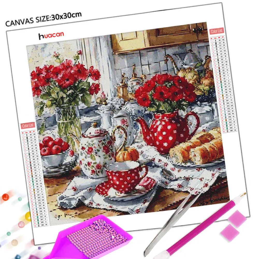 Huacan Kitchen Landscape Diamond Painting 5D Teapot With Flowers Rhinestones Mosaic Art Bread Decorative Paintings