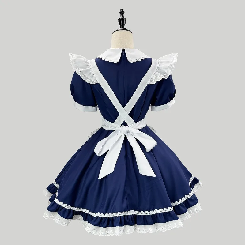 IOOTIANY Marineblau-weißes Dienstmädchen-Lolita-Kleid mit Schürze und Spitzenbesatz, Halloween-Party, süße Lolita-Kleider, Kellnerin-Cosplay-Kostüm – Detail 9