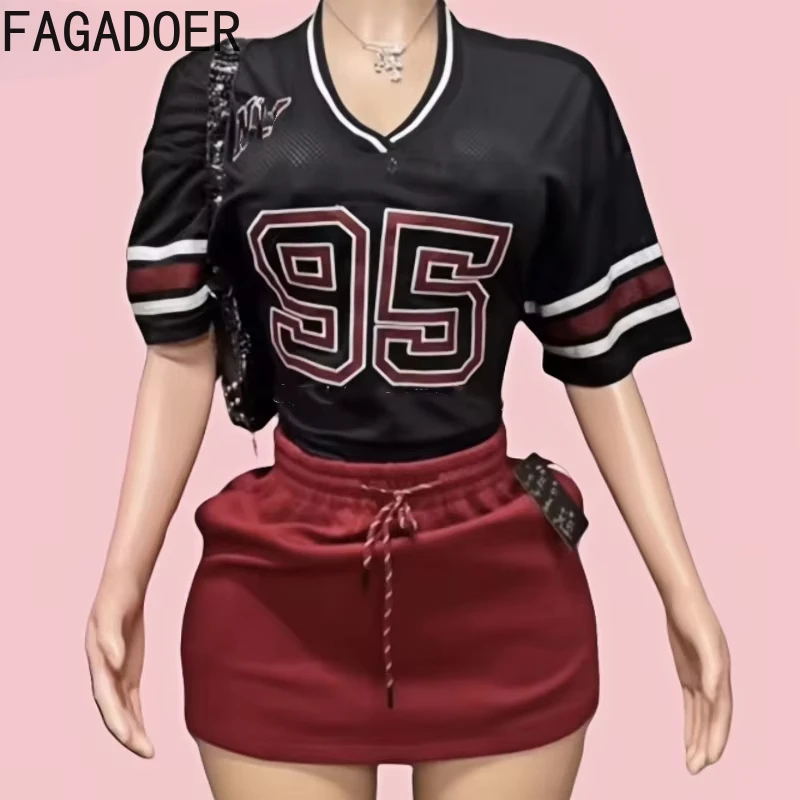 

FAGADOER Y2K Streetwear Women V Neck Letter Print Hollow Tshirts And Drawstring Mini Skirts Two Piece Set Fashion 2pcs Clothing