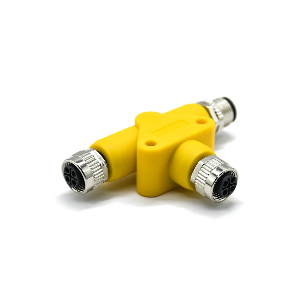 M12 Adapter 4 Pin T Shape S-Coded Yellow Plastic Shall Male to Dual Female IP67 IP 68 Connector for Package Machine