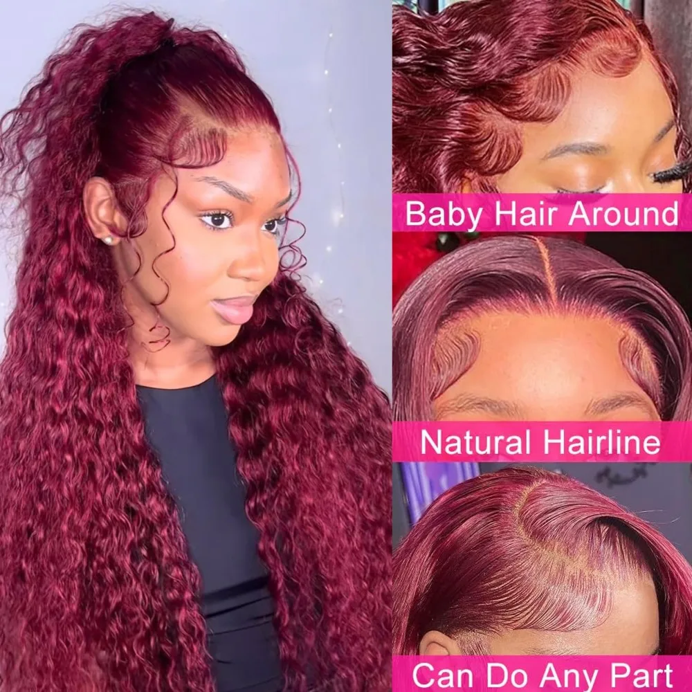 딥 웨이브 99J 버건디 13x6 레이스 프론탈 가발 100% 인모 13x4 곱슬머리 38인치 HD 투명 레이스 프론트 가발 브라질 레드 와인