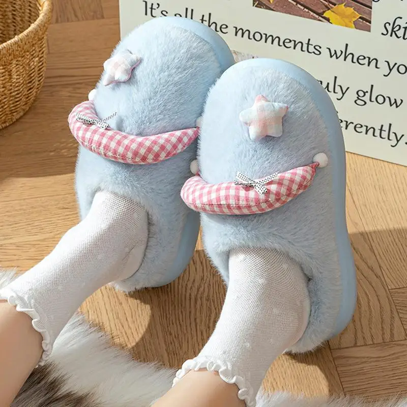 Cute Candy Color Furry Indoor Slippers Women Winter 2026 Fluffy Fur Star Decorat Thick Sole Home Slippers Lady Warm Plush Slides