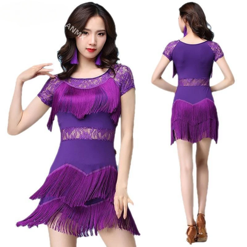 Feminino vestido de dança latina adultos borla salão de baile salsa rumba bodycon trajes de dança elegante feminino borla palco desempenho vestido