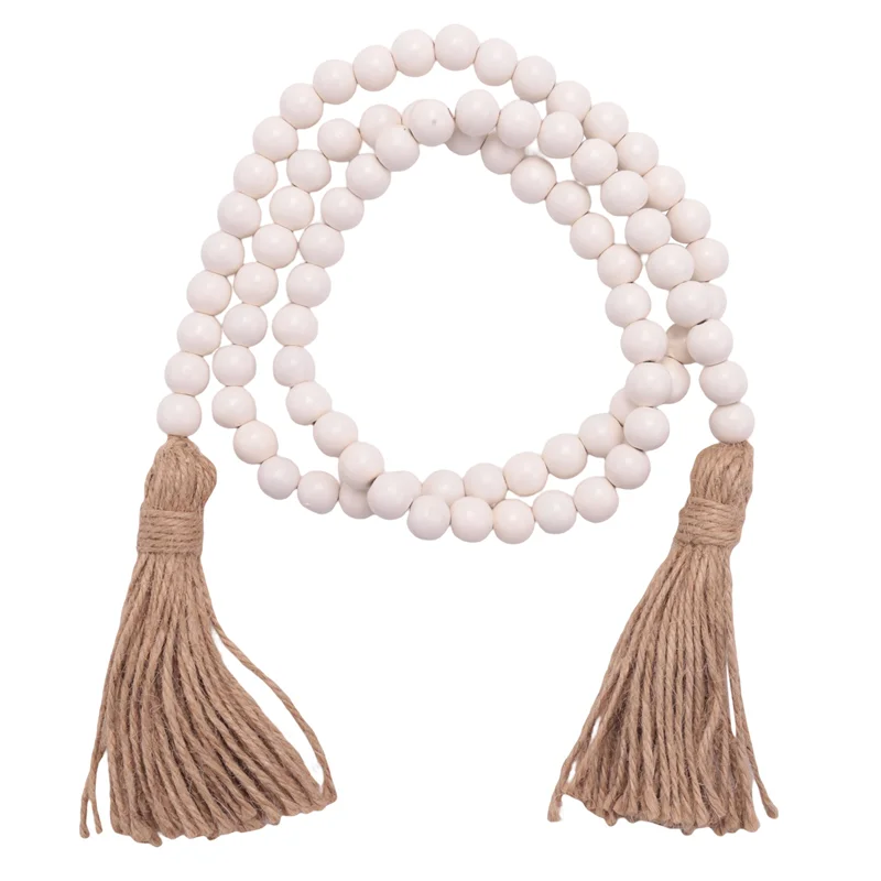 

L68AWood Bead Garland with Tassels,Farmhouse Beads Rustic Country Decor Prayer Boho Beads Wall Hanging Decoration Wood Color