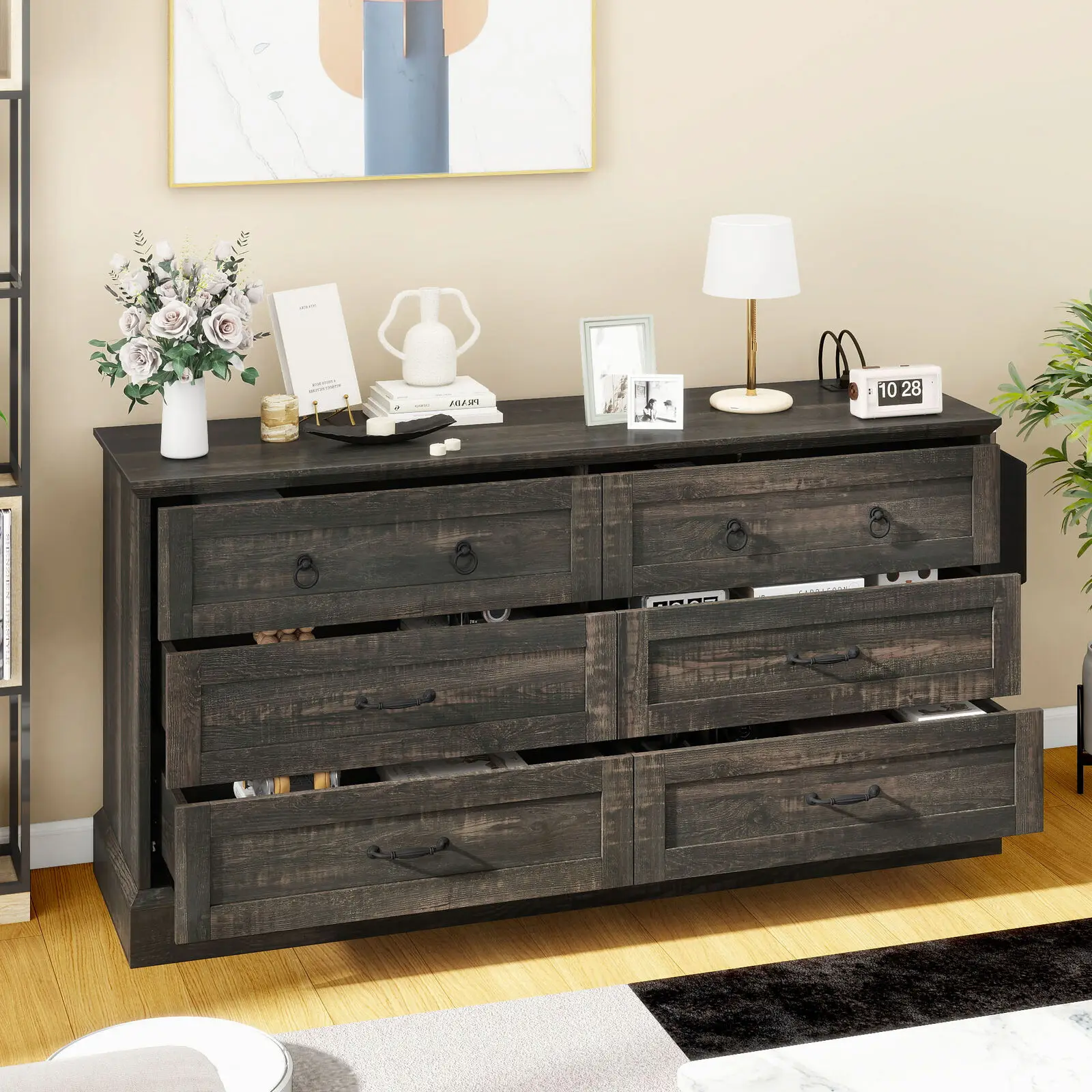 

6 Drawers Chest of Drawer Dressers Side Bag Storage Ports for TV Stand