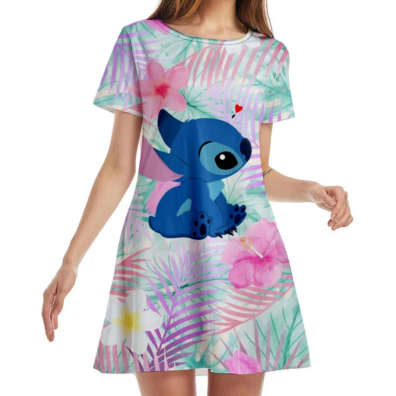 Disney stitch e mickey minnie anime impressão casual boho vestido de praia feminino tripulação pescoço festa verão manga curta solto mini vestido