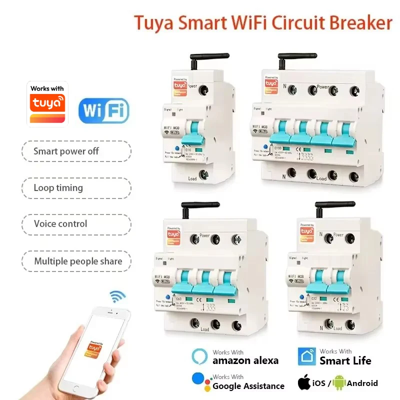 

UNKAS 1P 2P 3P 4P Wireless Smart WIFI Circuit Breaker Timer Works with Tuya APP Voice Remote Control Switch Alexa Google Home