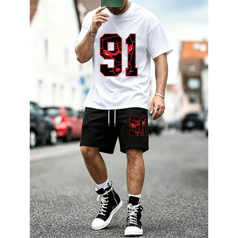 

Men's T-Shirt Shorts Mesh Set Fashion 91 Print Trend 2-Piece Outfit Summer Streetwear EU Size Available Breathable Home Sets