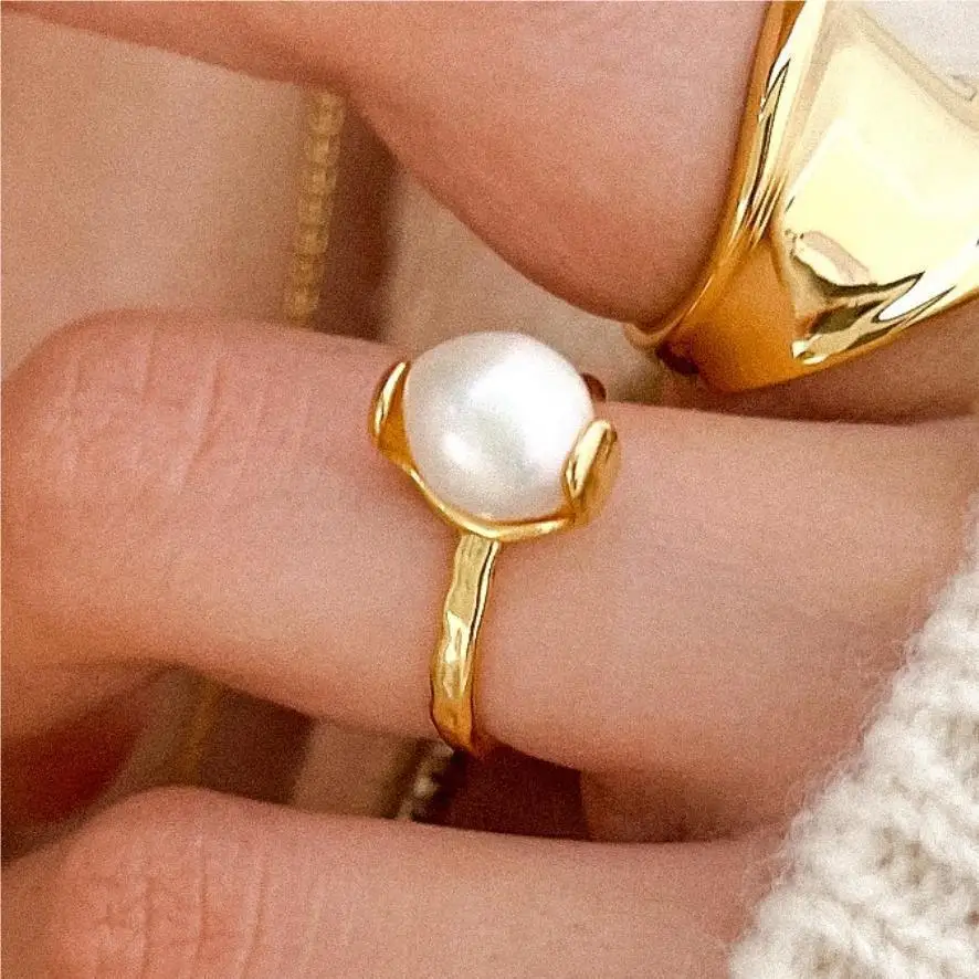 18K Gold INS Authentic Solid 925 Sterling Silver Jewelry Freshwater Pearl Ring adjust C-J1816