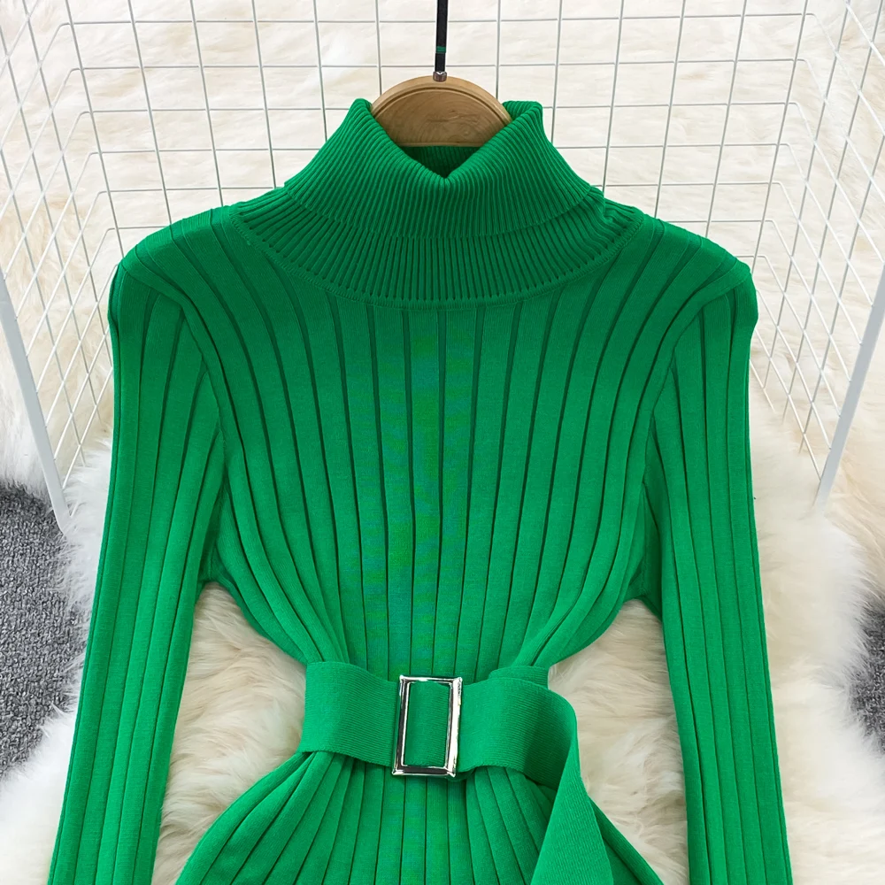Autumn New Women Ins Hot Turtleneck Sexy Wrap Hips Knitted Dress Long Sleeve Female Bodycon Sweater Dresses - view 6