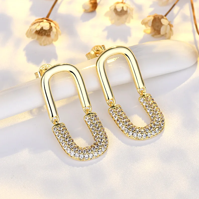 High Quality Fashion Micro Paved Double U Shape Earrings Studs For Women 925 Silver Needle Rectangle Stud Earring Brand Jewelry