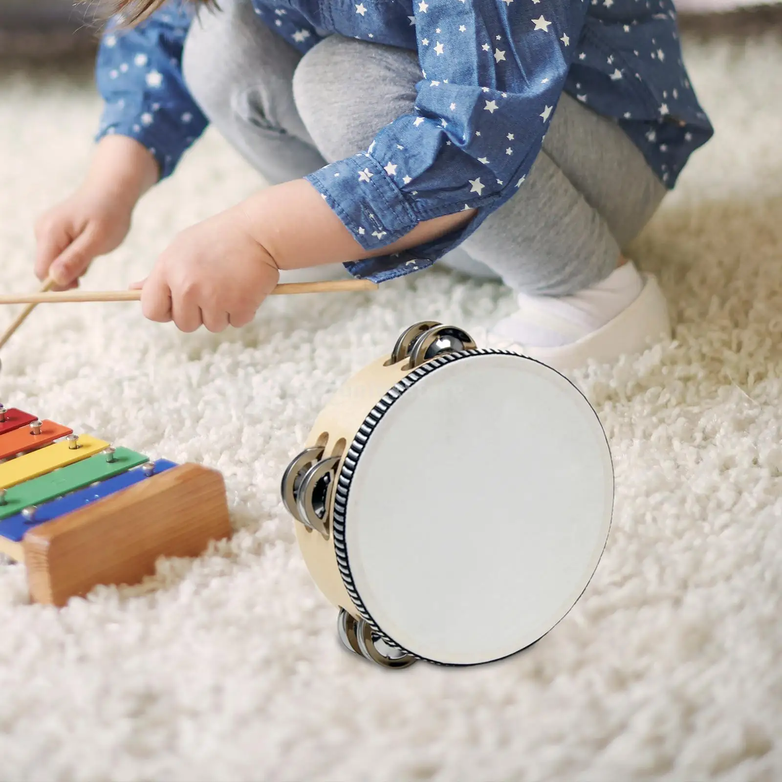 Tamborine de madeira para crianças Jingle Percussion Drum Tamborine Hand, Brinquedos educativos, Presentes de educação musical para crianças, 6in, 4