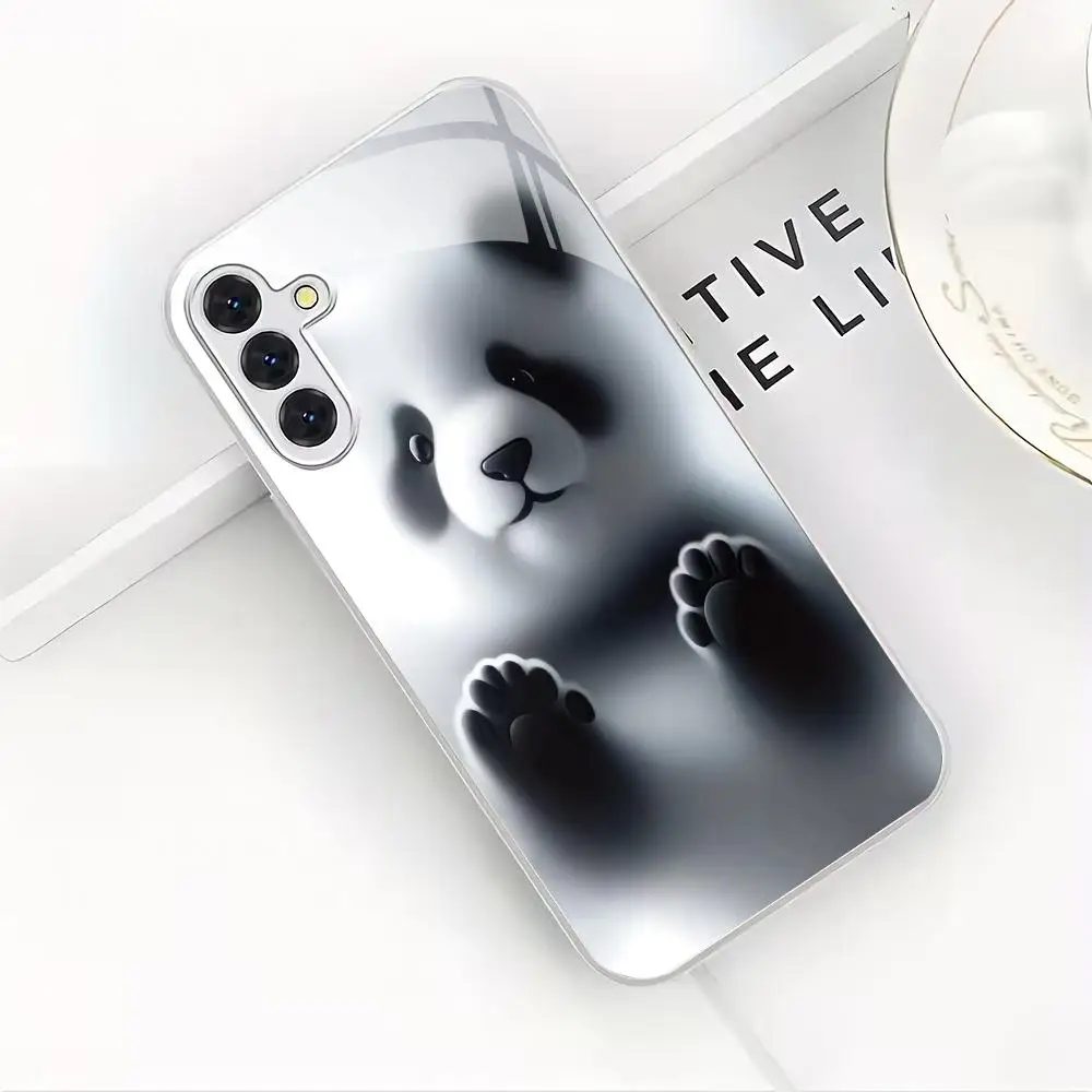 Panda pattern electroplated glass phone case suitable for Samsung Galaxy S26 S25 S24 S23 S22 S20 FE/Ultra/Plus anti drop