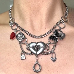 Punk Charm Confinement Chain Heart Pendant Necklace Women Fashion Gothic Korean Geometric Necklace Y2K Accessories Grunge