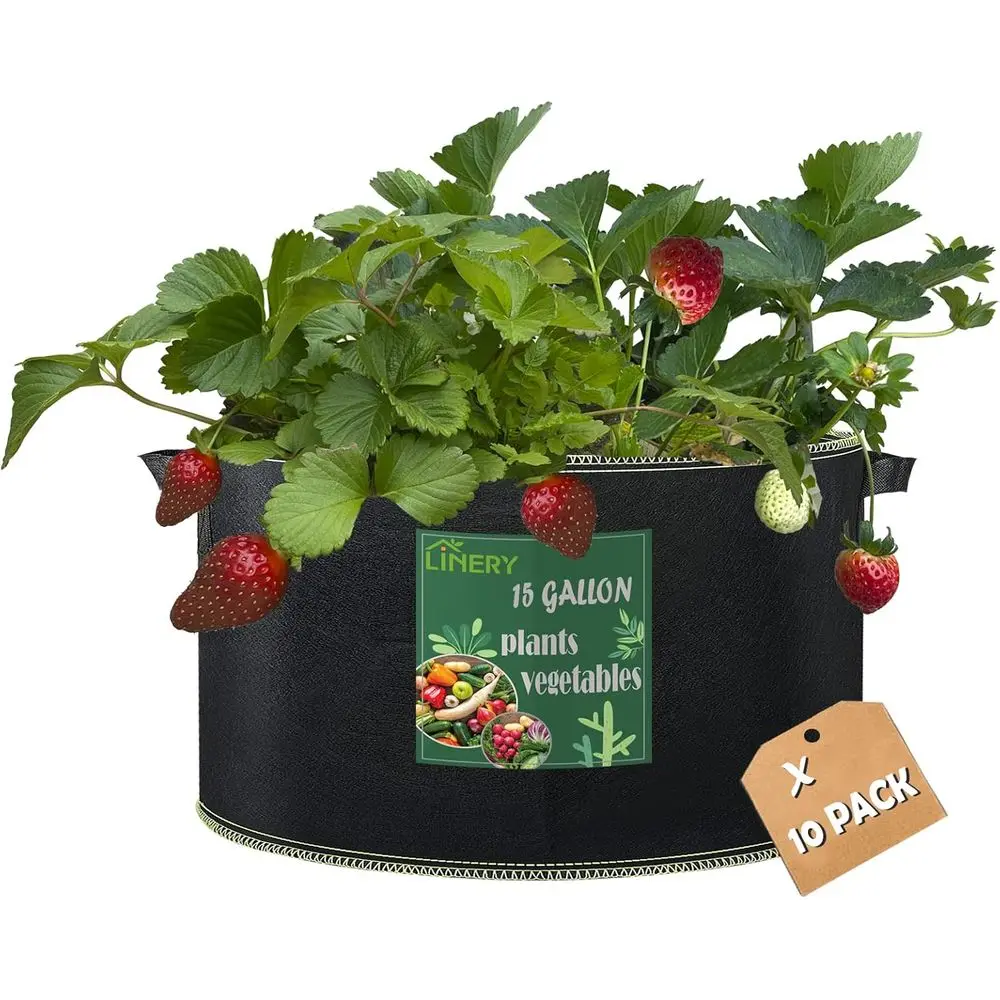 10-Pack 15 Gallon Black Garden Planting Bags - Heavy Duty Thickened Non-Woven Fabric Grow Bags with Handles (Outdoor Use)