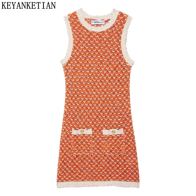 KEYANKETIAN 2025 Summer New Women's Hollow out Crochet Jacquard Sleeveless Mini Dress Holiday wind Pockets Slim Knit Dresses