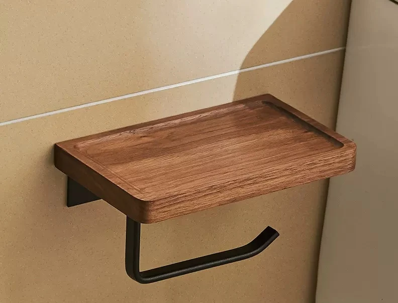 Walnut Wall-mounted Storage Rack, No Punch, Bathroom Shelf, Toilet, Washroom, Bath Towel Holder