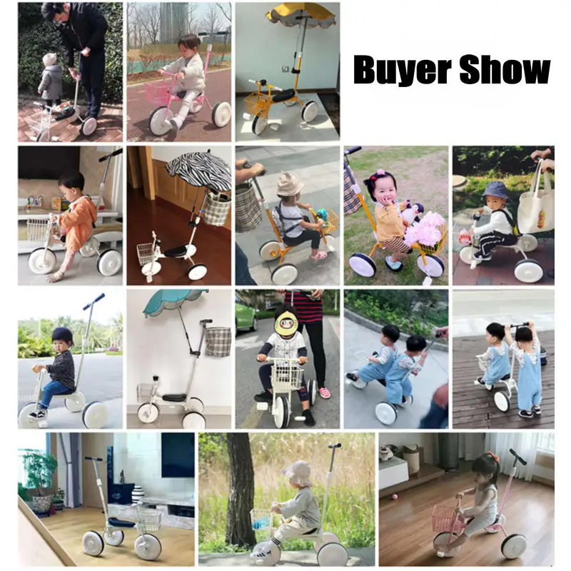 Triciclo infantil estilo simples com cesta e guarda-chuva, carro de passeio de bebê com roda de borracha, bicicleta infantil fofa com barra de pressão ajustável