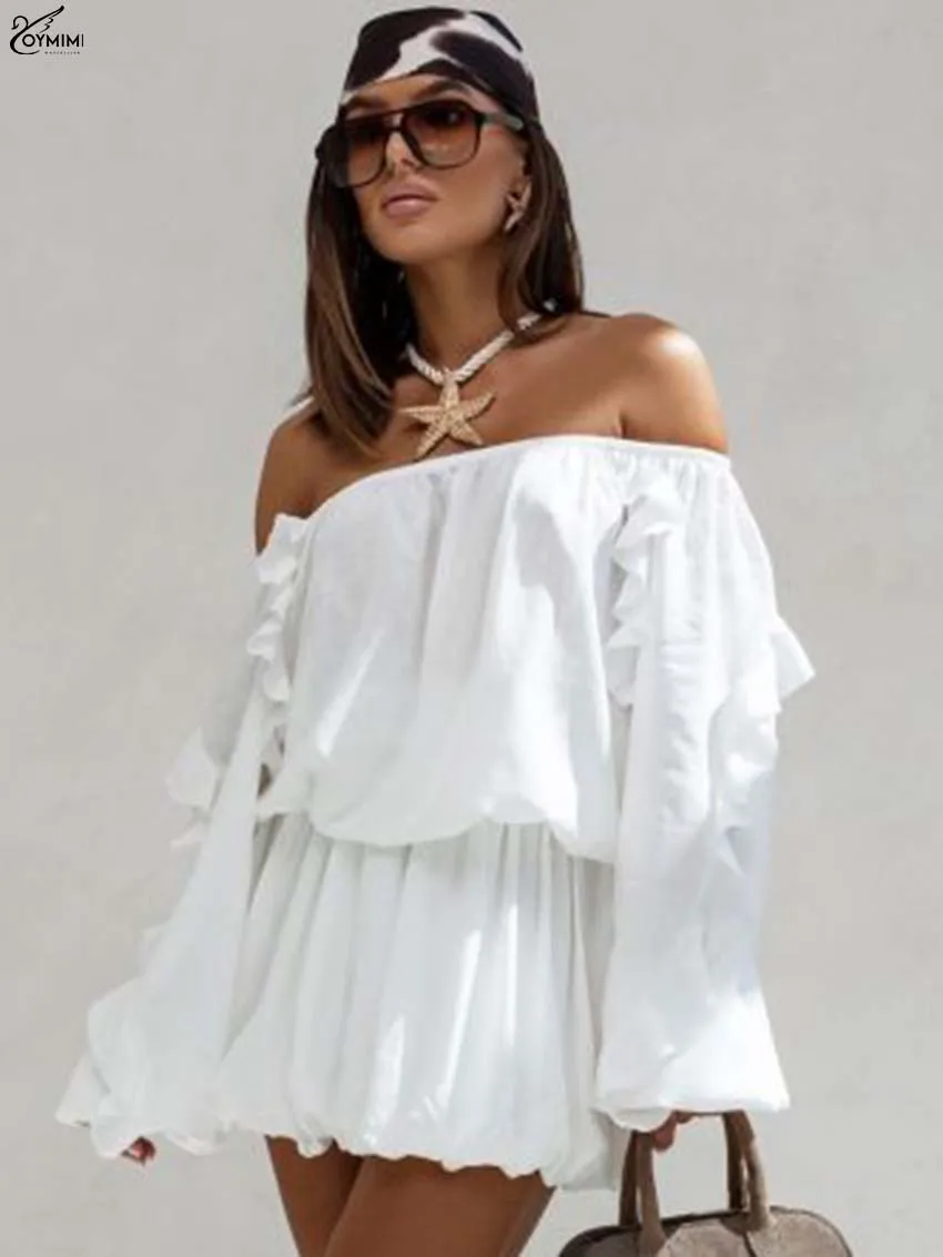 طقم مكون من قطعتين من القطن الوردي على الموضة من Oymimi للسيدات أنيق بدون حمالات وأكمام طويلة مكشكشة ومجموعة تنانير صغيرة بطيات عالية الخصر #5