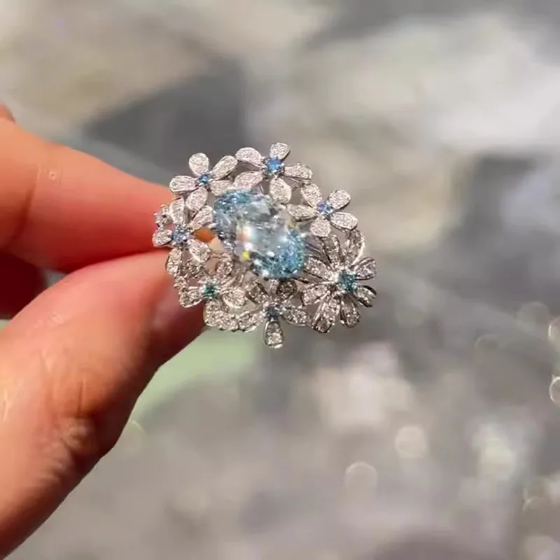 High Quality Sparkling Blue Zircon Large Flower Ring Female 925 Silver Fashion Wedding Party Proposal Jewelry Gift