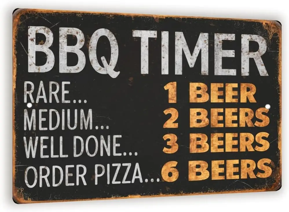 Vintage-Style BBQ Timer Metal Sign - Black Background With Beer Consumption Categories -aluminum sign