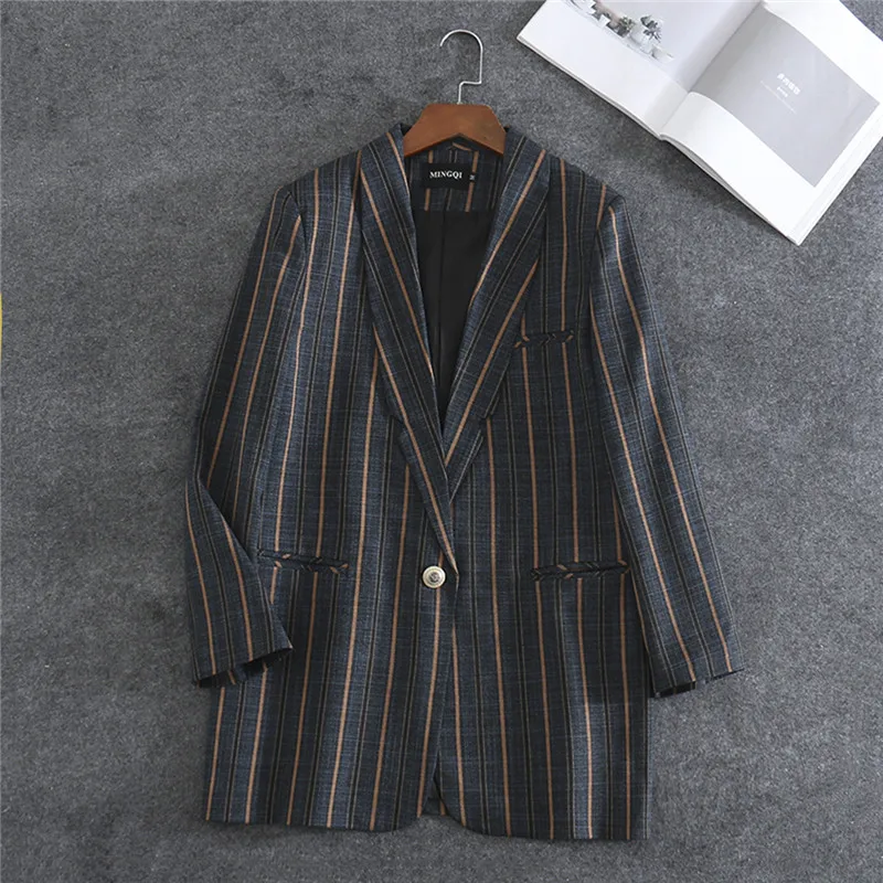 

Nice New Women Blazer Stripe Business Suits Spring Autumn Long-sleeve Pocket Blazers Jackets Female Outerwear 3XL P589