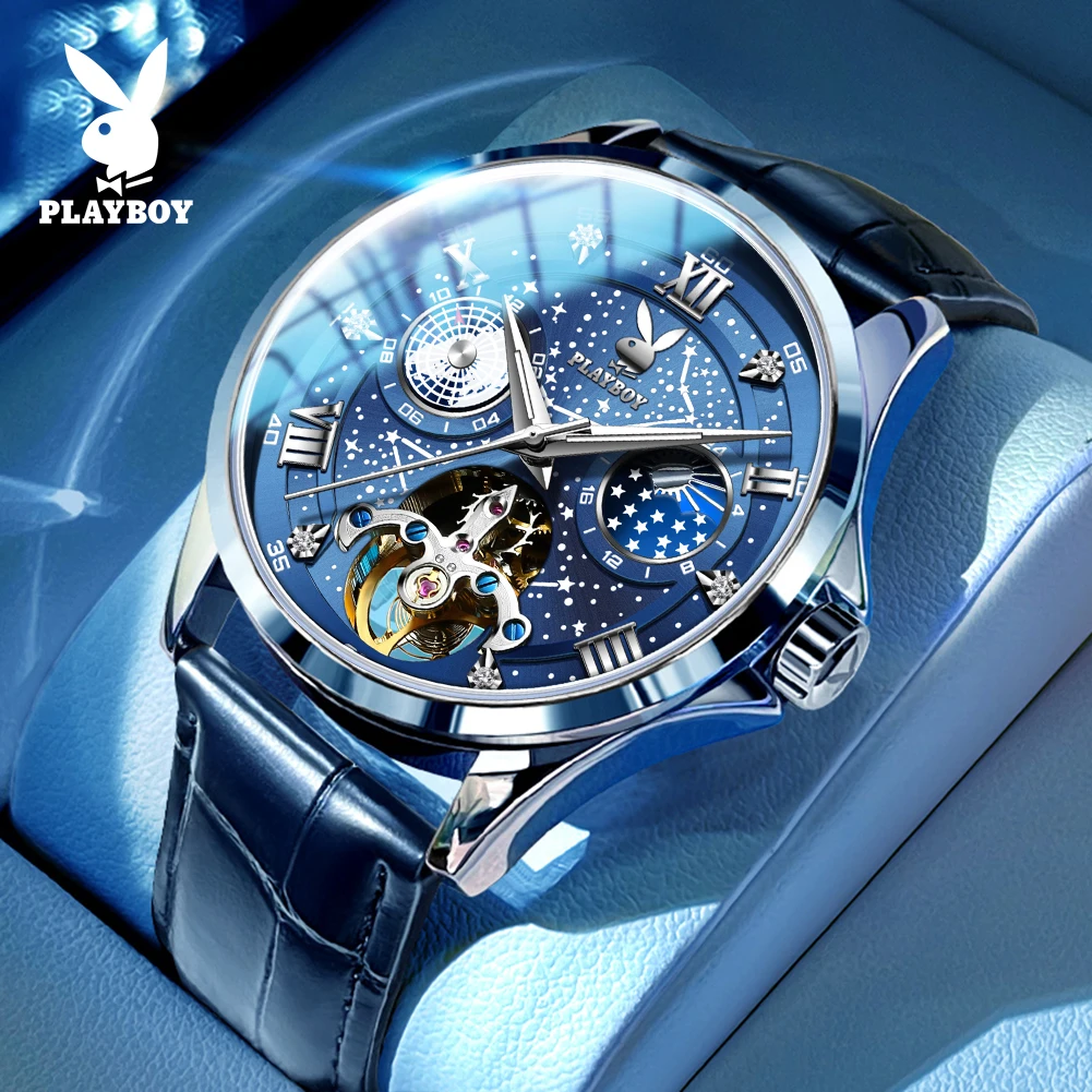 

PLAYBOY 3049 Original Quartz Movement Men Watches Flywheel Mechanical Watch Moon Phase Waterproof Luminous Watch For Man