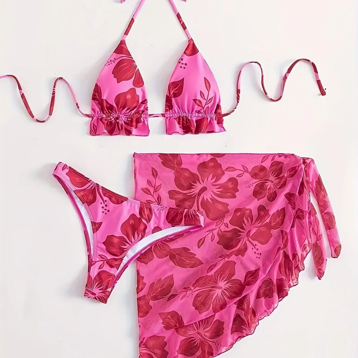 2025 Women's Floral Bikini 3-Piece Set Sexy Backless Tie-Front & High Waist Triangle Bottom Matching Beach Cover-Up Beachwear