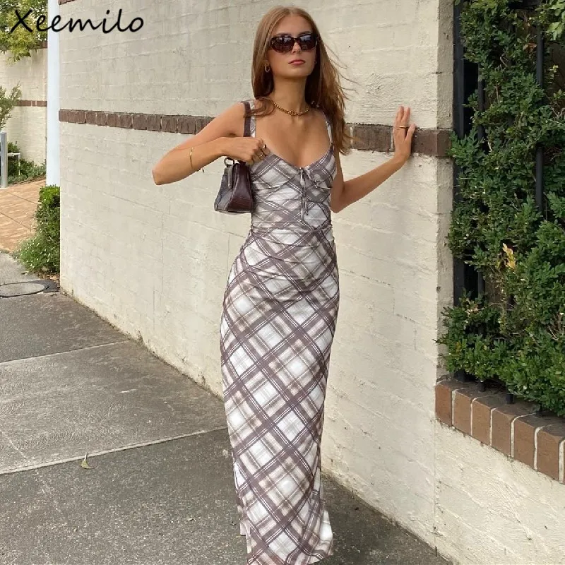 

Xeemilo Vintage Plaid Print V-neck Maxi Dress Sexy Backless Spaghetti Straps Sundresses Summer Club Party Y2K Women Slim Dress