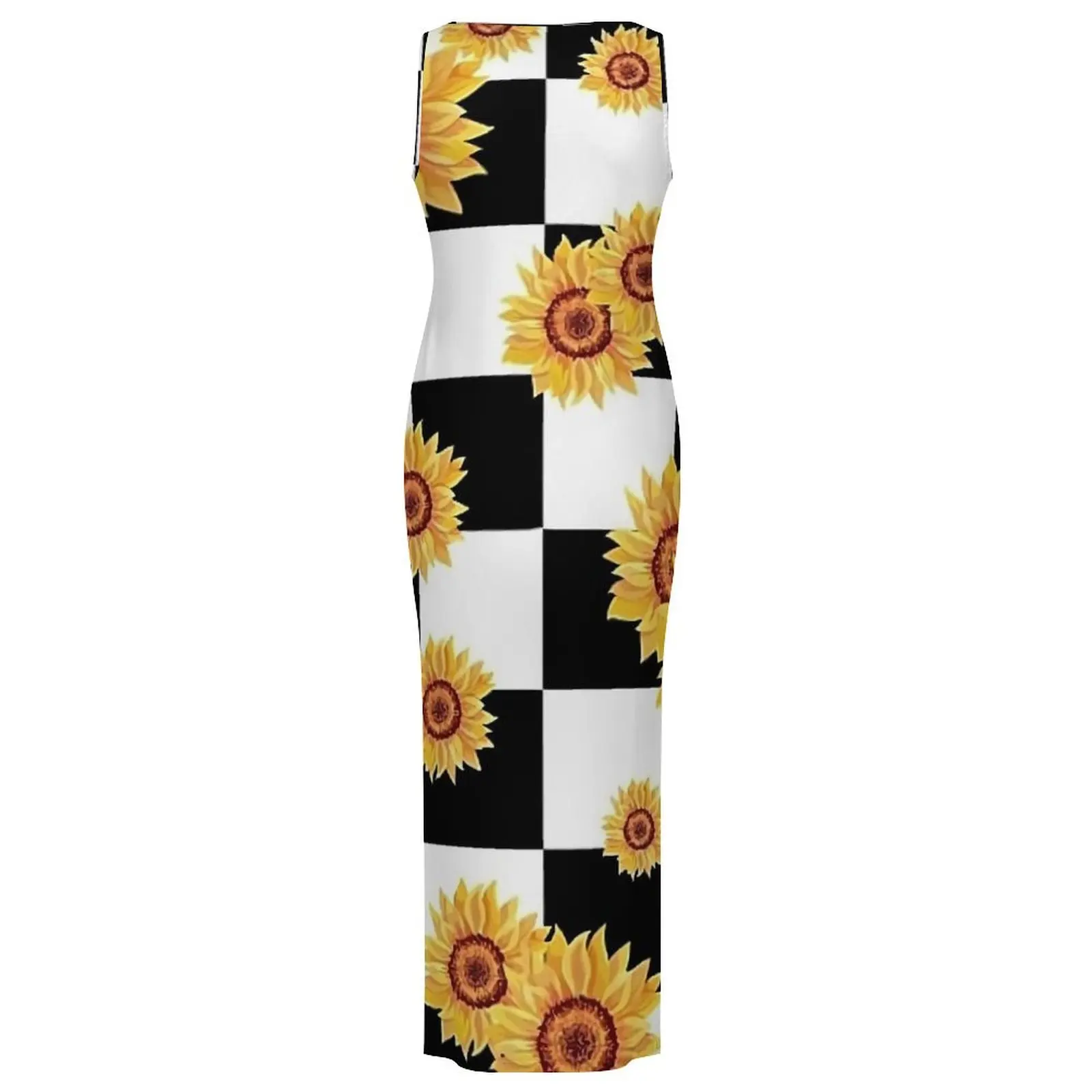 Women Bodycon Dress Vintage Sunflower Maxi Dresses Holiday Checkerboard Print Sleeveless Street Wear Print Dress Large Size 4XL