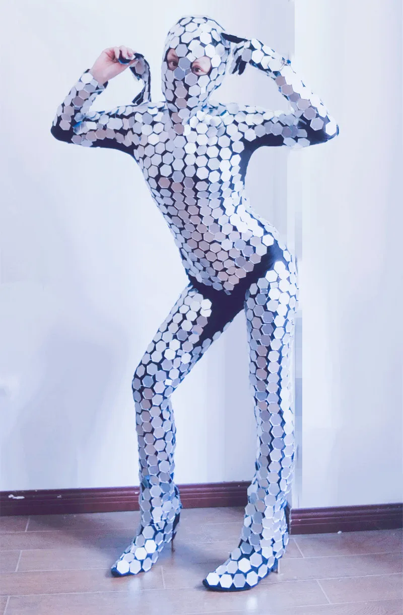 Silver Mirror Sequin Full Cover jumpsuits Gloves Shoe Cover Women Festival Outfit Gogo Dancer Costume Dance Performance Bodysuit
