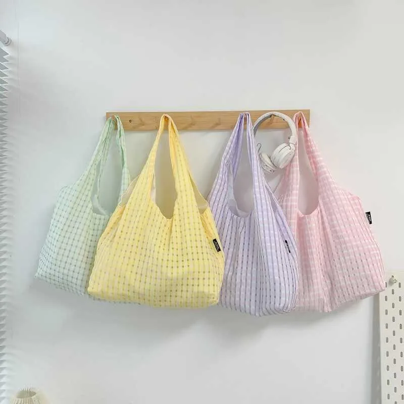 Small Fresh Checkered Canvas Shoulder Bag Summer New Style Sewing Handbag Large Capacity Open Tote Bag for Women
